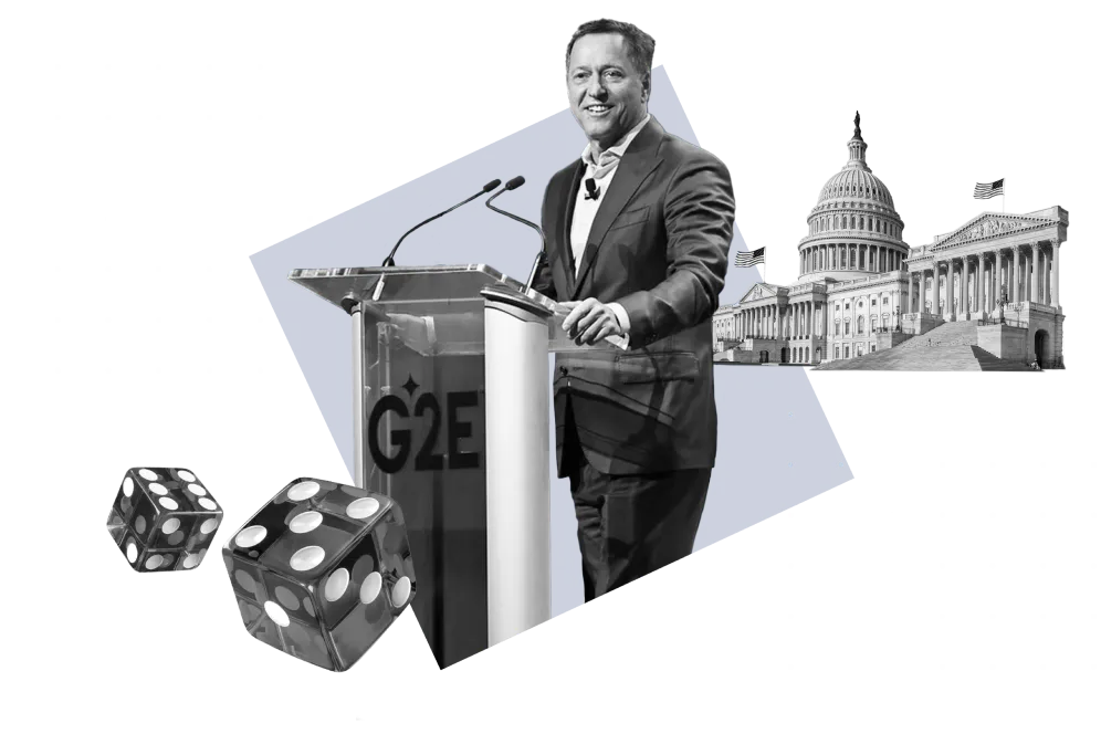 A speaker at a G2E podium beside the U.S. Capitol and dice