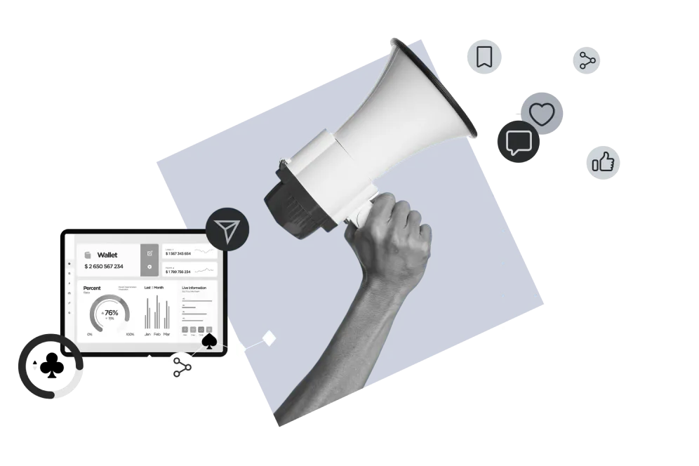 A megaphone with social and finance icons on a blue field