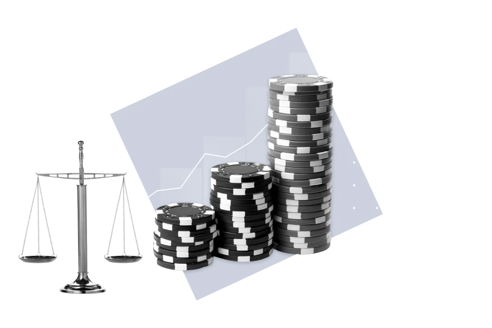Poker chips, a rising chart, and balanced scales